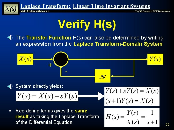 X(s) Laplace Transform: Linear Time Invariant Systems Verify H(s) § The Transfer Function H(s) X(s) Laplace Transform: Linear Time Invariant Systems Verify H(s) § The Transfer Function H(s)