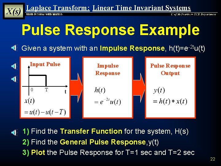 X(s) Laplace Transform: Linear Time Invariant Systems Pulse Response Example § Given a system X(s) Laplace Transform: Linear Time Invariant Systems Pulse Response Example § Given a system