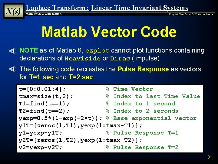 X(s) Laplace Transform: Linear Time Invariant Systems Matlab Vector Code § NOTE as of X(s) Laplace Transform: Linear Time Invariant Systems Matlab Vector Code § NOTE as of