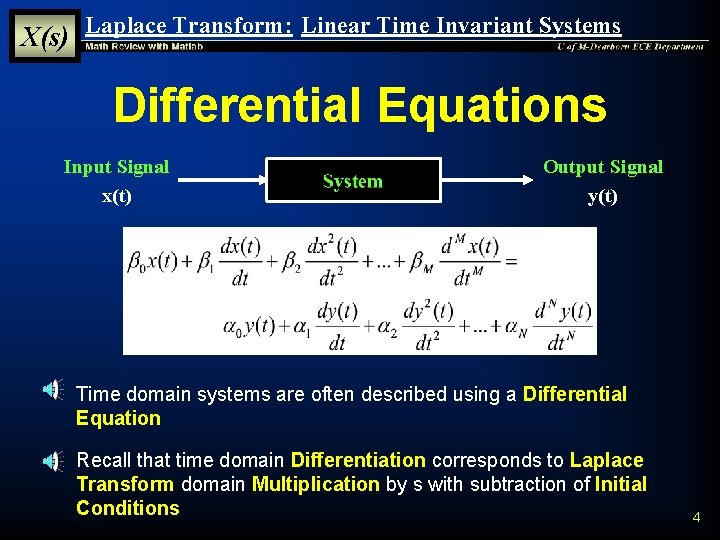 X(s) Laplace Transform: Linear Time Invariant Systems Differential Equations Input Signal x(t) Output Signal X(s) Laplace Transform: Linear Time Invariant Systems Differential Equations Input Signal x(t) Output Signal