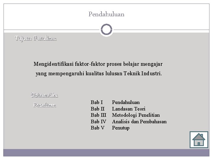 Pendahuluan Tujuan Penulisan Mengidentifikasi faktor-faktor proses belajar mengajar yang mempengaruhi kualitas lulusan Teknik Industri.