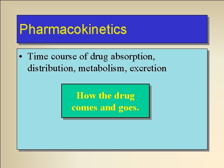 Pharmacokinetics • Time course of drug absorption, distribution, metabolism, excretion How the drug comes Pharmacokinetics • Time course of drug absorption, distribution, metabolism, excretion How the drug comes