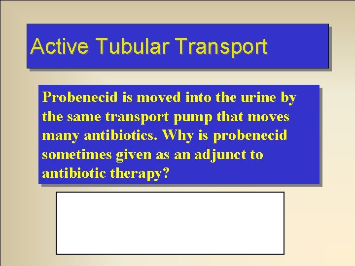 Active Tubular Transport Probenecid is moved into the urine by the same transport pump Active Tubular Transport Probenecid is moved into the urine by the same transport pump