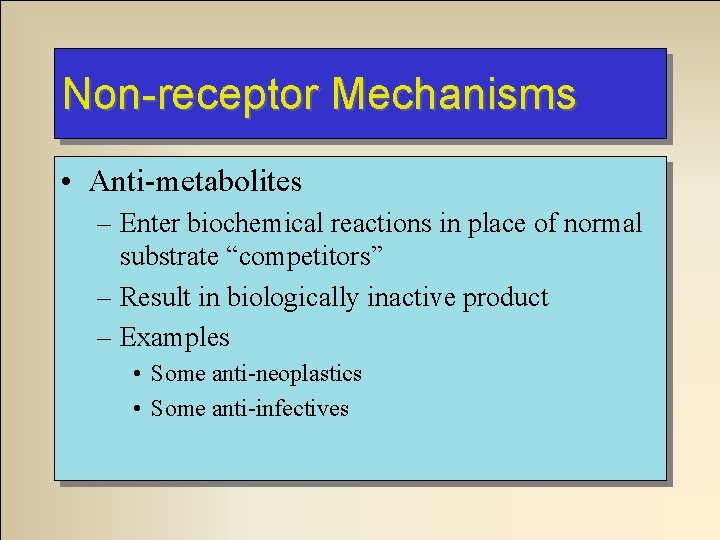 Non-receptor Mechanisms • Anti-metabolites – Enter biochemical reactions in place of normal substrate “competitors” Non-receptor Mechanisms • Anti-metabolites – Enter biochemical reactions in place of normal substrate “competitors”