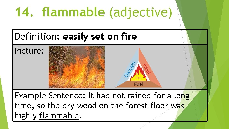 14. flammable (adjective) Definition: easily set on fire Picture: Example Sentence: It had not