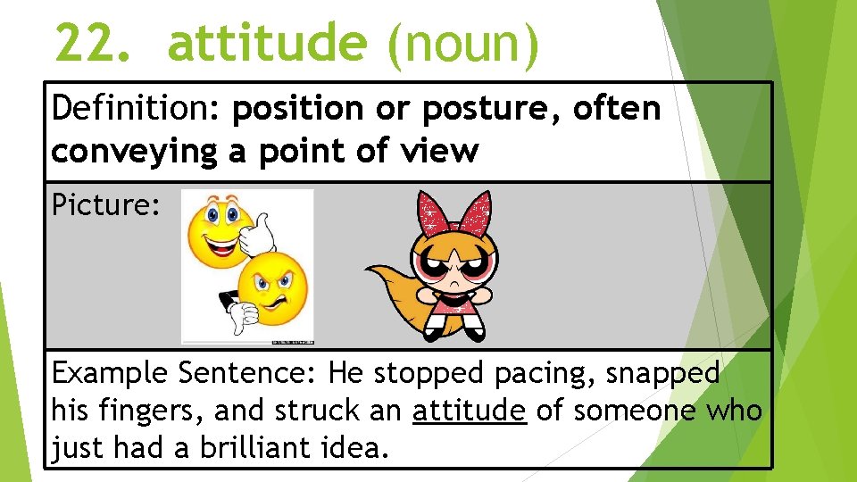 22. attitude (noun) Definition: position or posture, often conveying a point of view Picture: