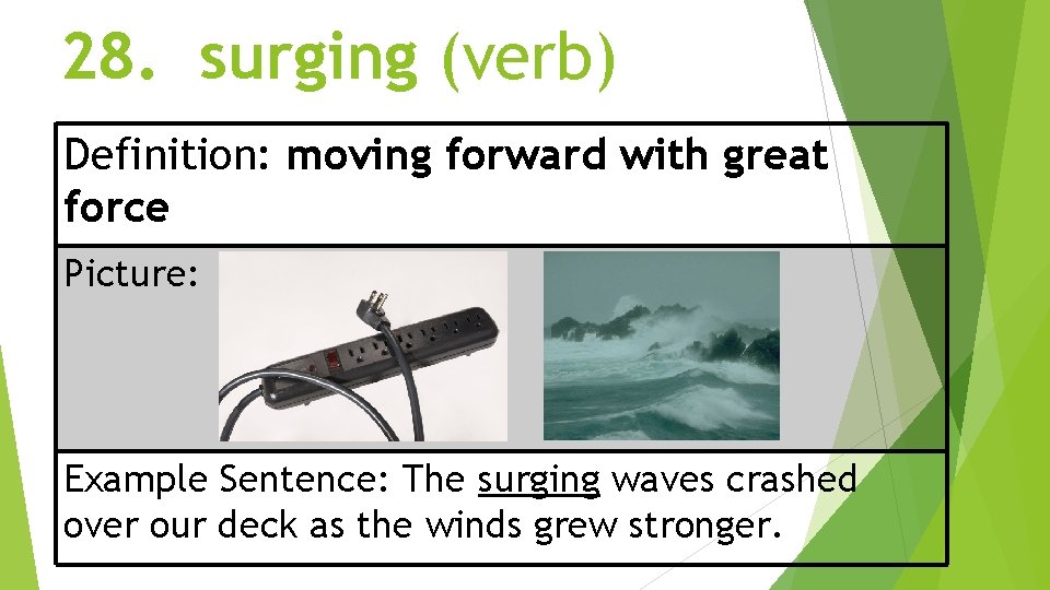 28. surging (verb) Definition: moving forward with great force Picture: Example Sentence: The surging