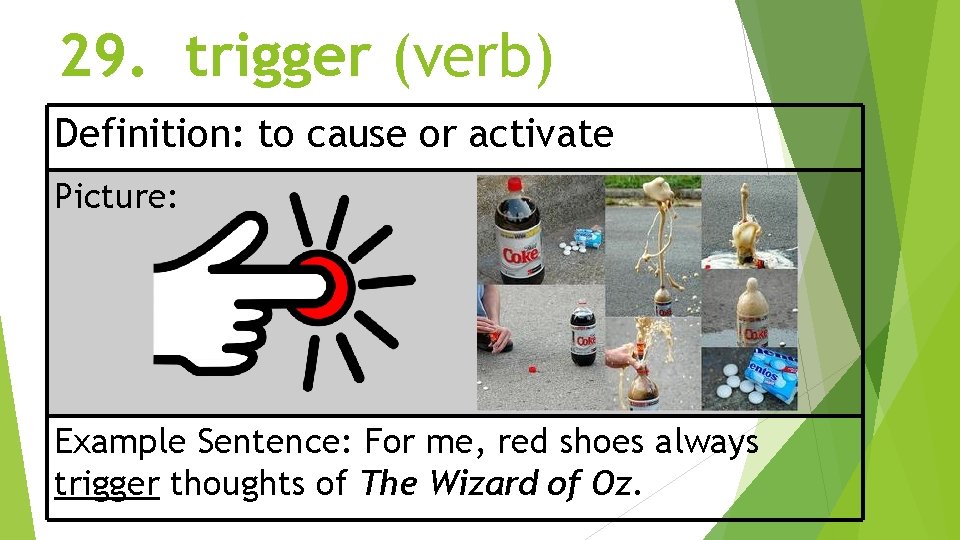 29. trigger (verb) Definition: to cause or activate Picture: Example Sentence: For me, red