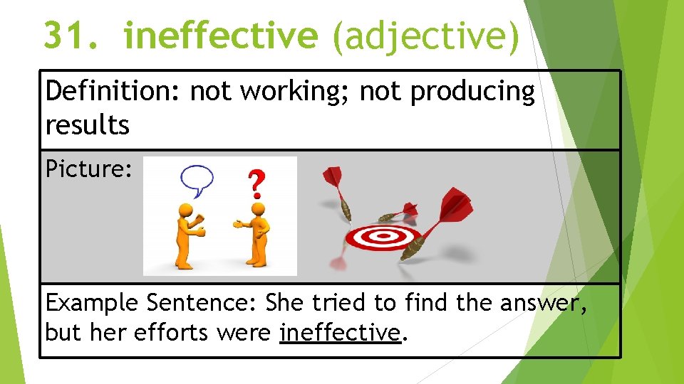 31. ineffective (adjective) Definition: not working; not producing results Picture: Example Sentence: She tried