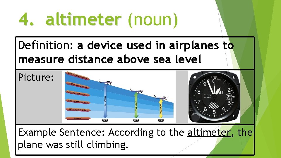 4. altimeter (noun) Definition: a device used in airplanes to measure distance above sea