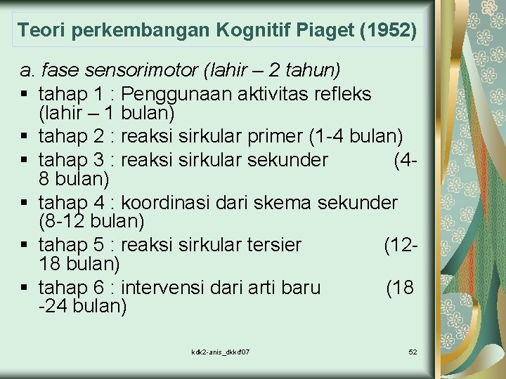 Teori perkembangan Kognitif Piaget (1952) a. fase sensorimotor (lahir – 2 tahun) § tahap