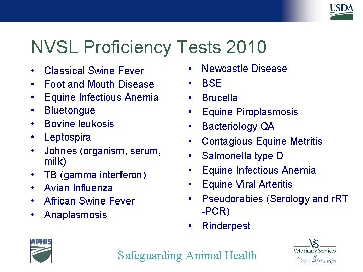 NVSL Proficiency Tests 2010 • • • Classical Swine Fever Foot and Mouth Disease