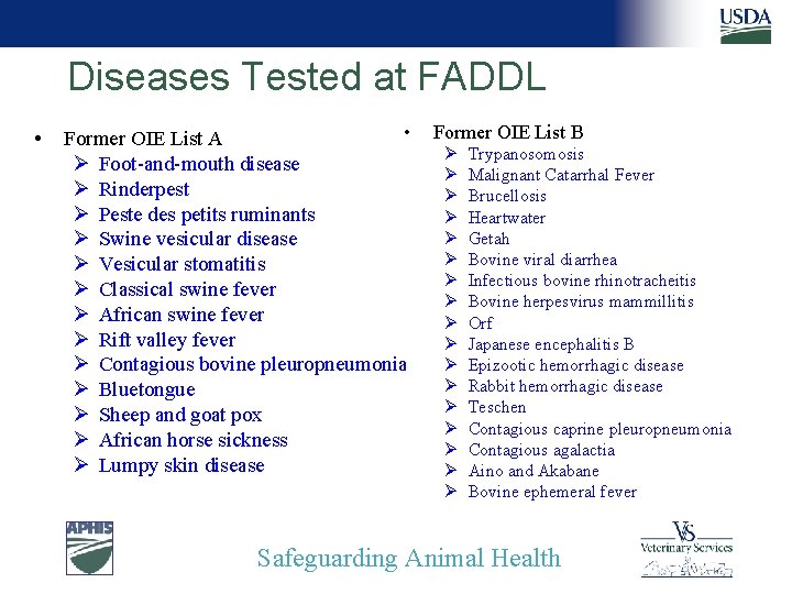 Diseases Tested at FADDL • • Former OIE List A Ø Foot-and-mouth disease Ø