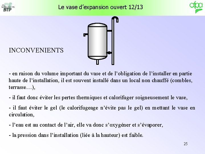 Le vase d’expansion ouvert 12/13 INCONVENIENTS - en raison du volume important du vase