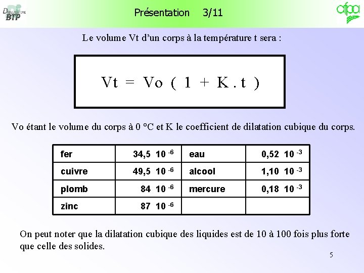 Présentation 3/11 Le volume Vt d’un corps à la température t sera : Vt