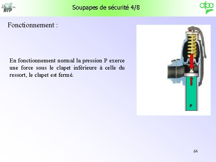 Soupapes de sécurité 4/8 Fonctionnement : En fonctionnement normal la pression P exerce une