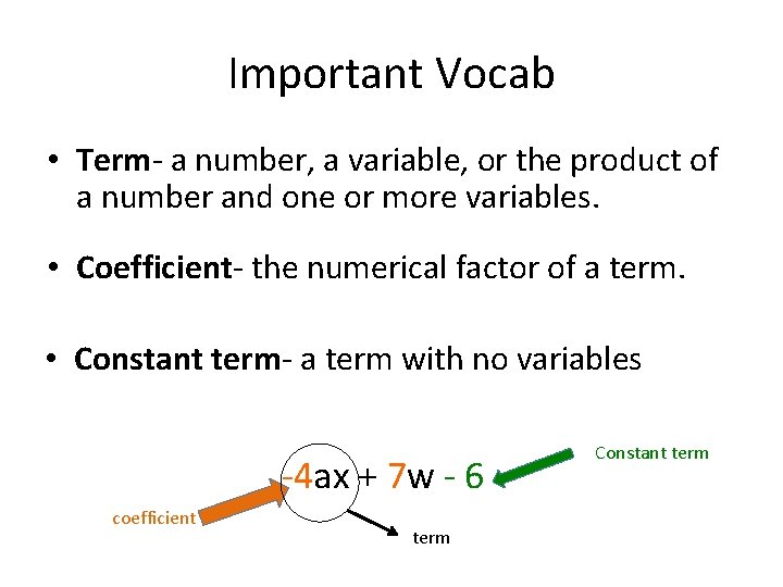 Important Vocab • Term- a number, a variable, or the product of a number