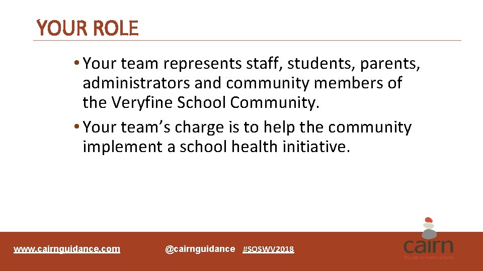 YOUR ROLE • Your team represents staff, students, parents, administrators and community members of