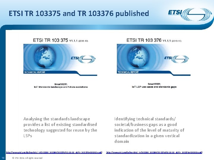 ETSI TR 103375 and TR 103376 published Analysing the standards landscape provides a list