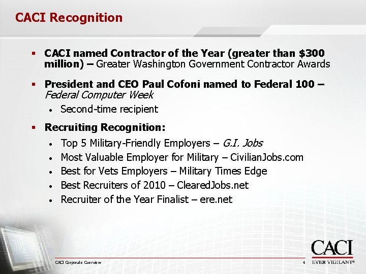 CACI Recognition § CACI named Contractor of the Year (greater than $300 million) –