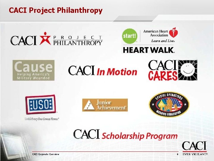CACI Project Philanthropy CACI Corporate Overview 8 