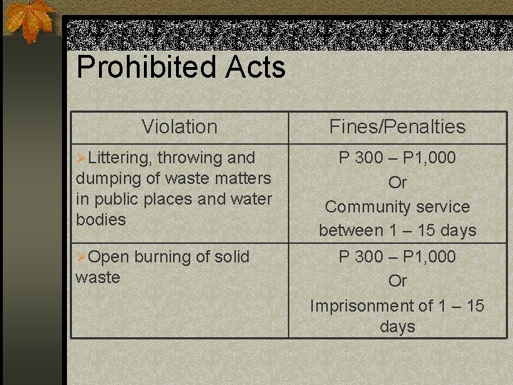 Prohibited Acts Violation ØLittering, throwing and dumping of waste matters in public places and
