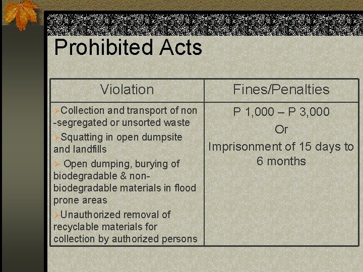 Prohibited Acts Violation Fines/Penalties ØCollection and transport of non P 1, 000 – P