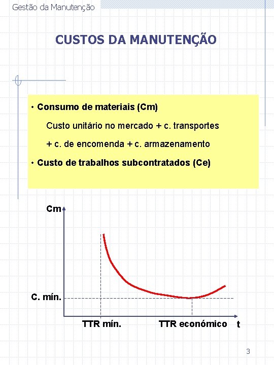 Gestão da Manutenção CUSTOS DA MANUTENÇÃO • Consumo de materiais (Cm) Custo unitário no