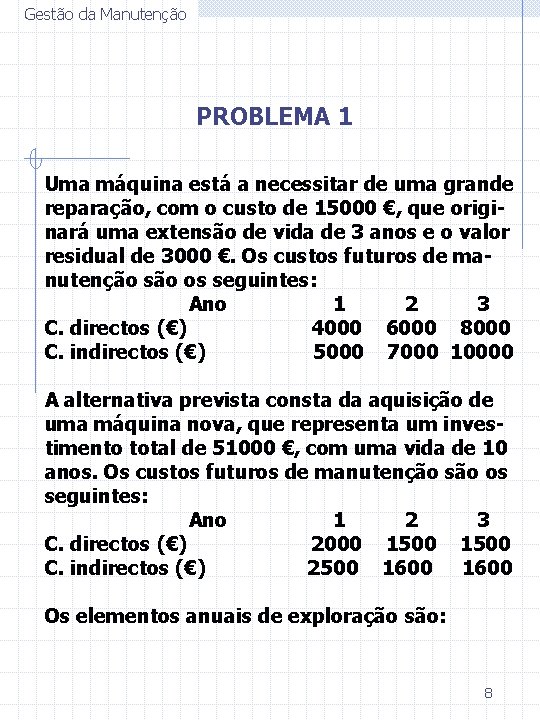 Gestão da Manutenção PROBLEMA 1 Uma máquina está a necessitar de uma grande reparação,