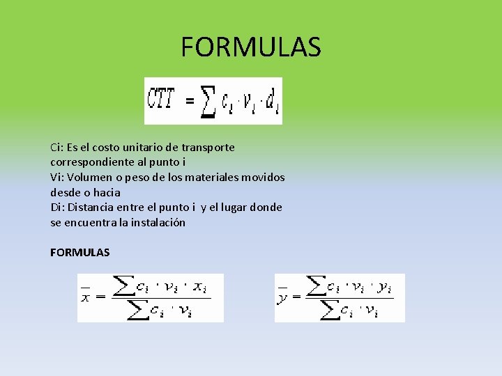 FORMULAS Ci: Es el costo unitario de transporte correspondiente al punto i Vi: Volumen