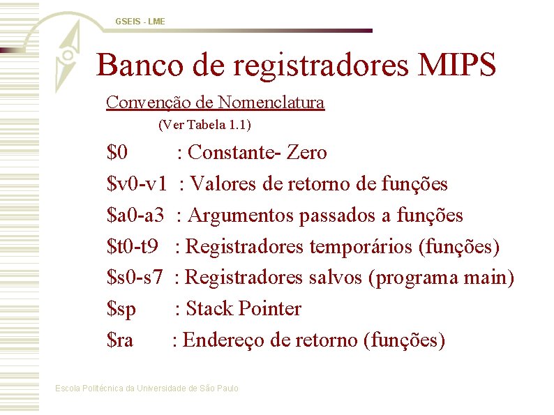 GSEIS - LME Banco de registradores MIPS Convenção de Nomenclatura (Ver Tabela 1. 1)