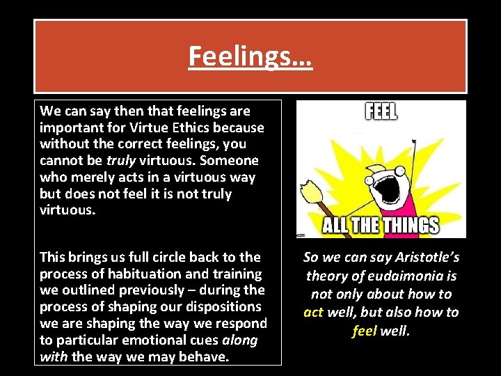 Feelings… We can say then that feelings are important for Virtue Ethics because without