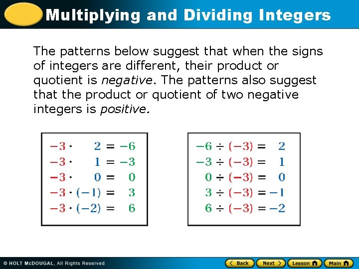 Multiplying and Dividing Integers The patterns below suggest that when the signs of integers