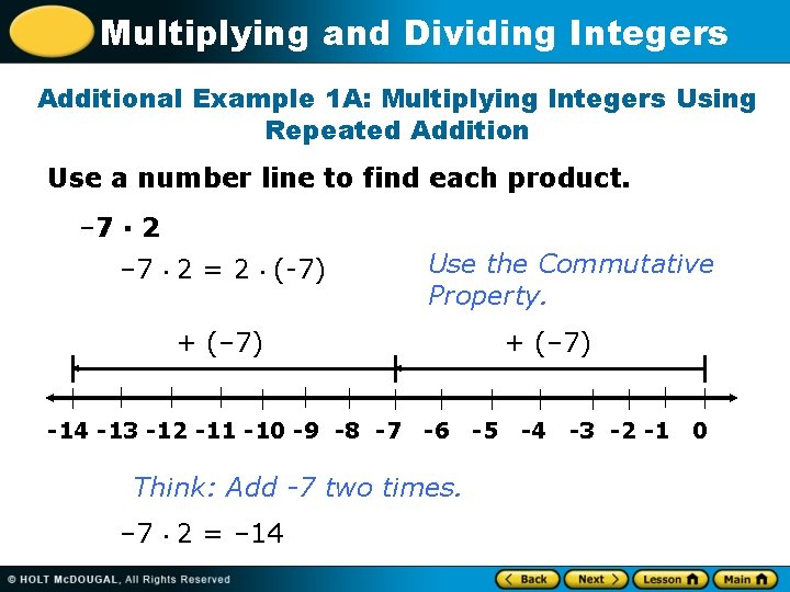 Multiplying and Dividing Integers Additional Example 1 A: Multiplying Integers Using Repeated Addition Use