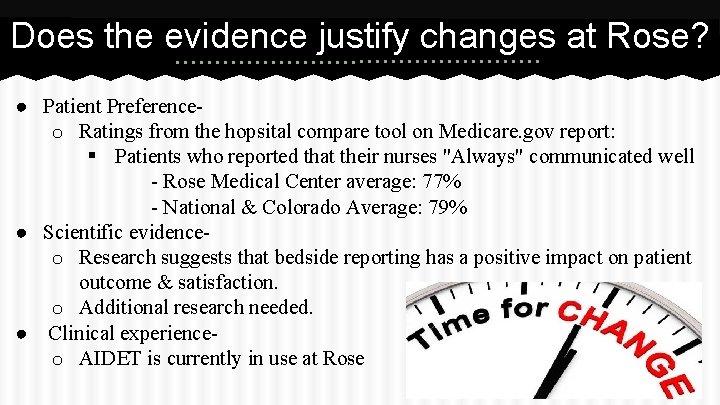 Does the evidence justify changes at Rose? ● Patient Preferenceo Ratings from the hopsital