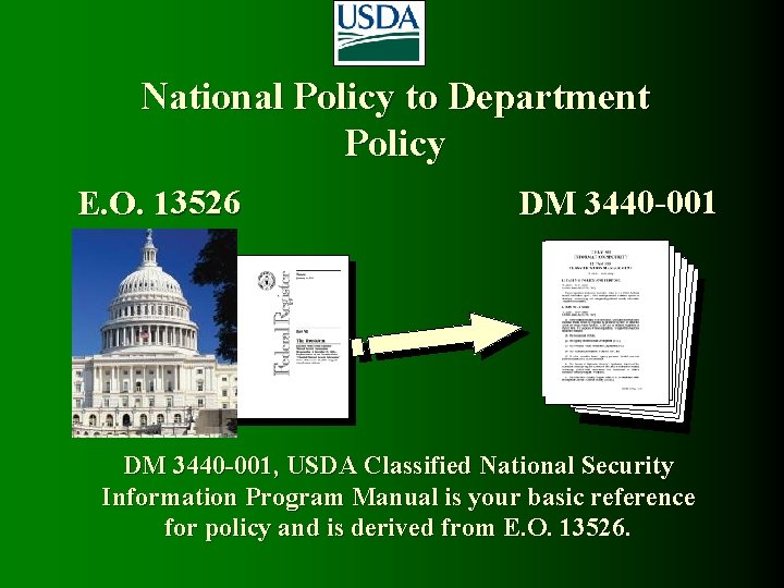 National Policy to Department Policy E. O. 13526 DM 3440 -001, USDA Classified National