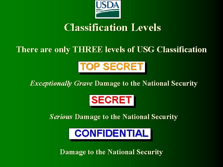 Classification Levels There are only THREE levels of USG Classification TOP SECRET Exceptionally Grave Classification Levels There are only THREE levels of USG Classification TOP SECRET Exceptionally Grave