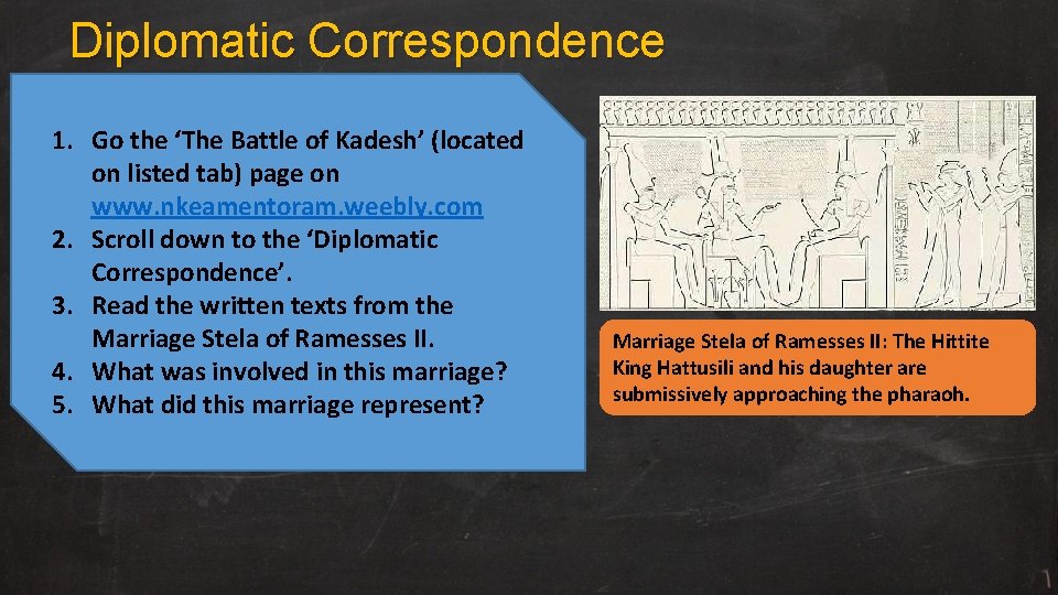 Diplomatic Correspondence 1. Go the ‘The Battle of Kadesh’ (located on listed tab) page