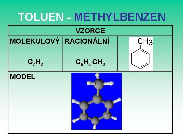 TOLUEN - METHYLBENZEN VZORCE MOLEKULOVÝ RACIONÁLNÍ C 7 H 8 MODEL C 6 H