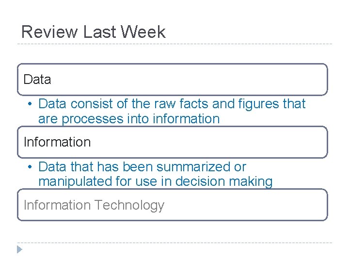 Review Last Week Data • Data consist of the raw facts and figures that