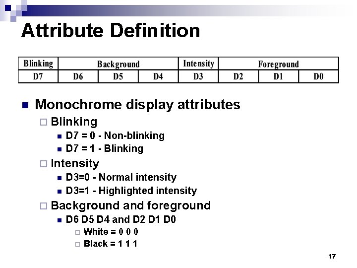 Attribute Definition n Monochrome display attributes ¨ Blinking n D 7 = 0 -