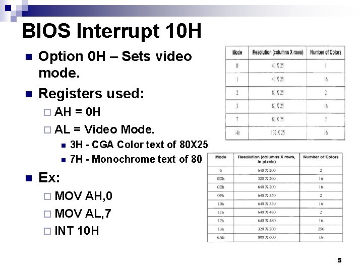 BIOS Interrupt 10 H n n Option 0 H – Sets video mode. Registers