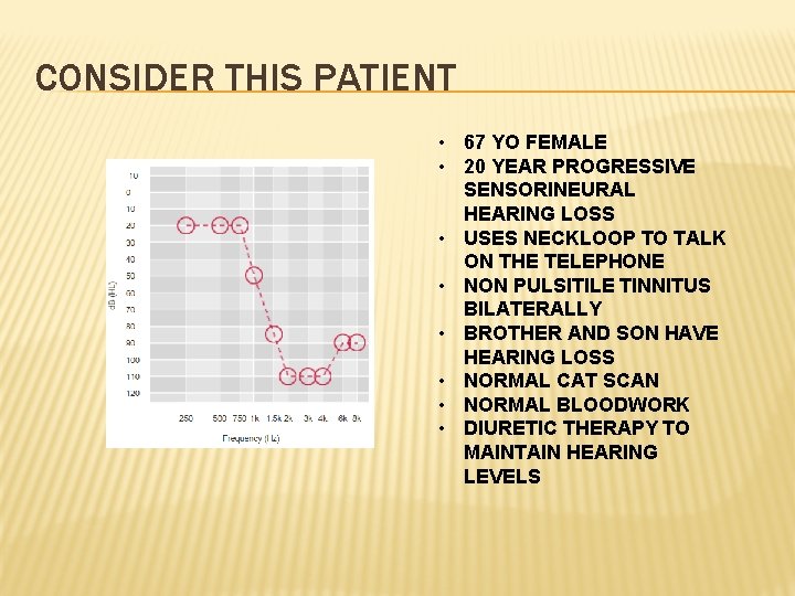 CONSIDER THIS PATIENT • 67 YO FEMALE • 20 YEAR PROGRESSIVE SENSORINEURAL HEARING LOSS
