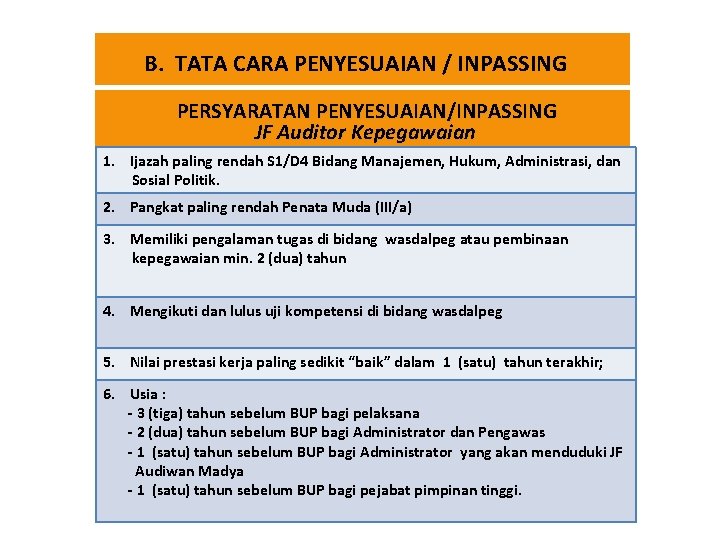 B. TATA CARA PENYESUAIAN / INPASSING PERSYARATAN PENYESUAIAN/INPASSING JF Auditor Kepegawaian 1. Ijazah paling