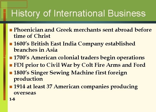 History of International Business n Phoenician and Greek merchants sent abroad before time of