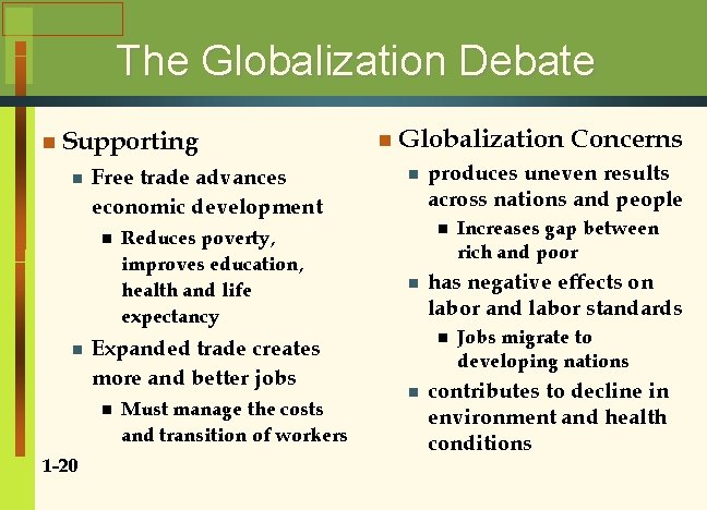 The Globalization Debate n Supporting n Free trade advances economic development n n Expanded