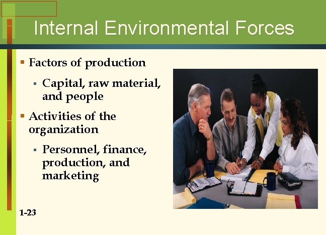Internal Environmental Forces § Factors of production § Capital, raw material, and people §