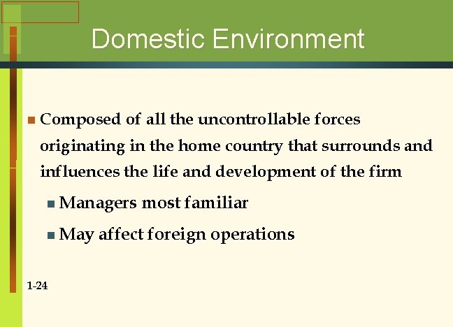 Domestic Environment n Composed of all the uncontrollable forces originating in the home country