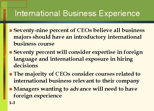 International Business Experience n Seventy-nine percent of CEOs believe all business majors should have