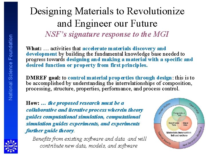 National Science Foundation Designing Materials to Revolutionize and Engineer our Future NSF’s signature response